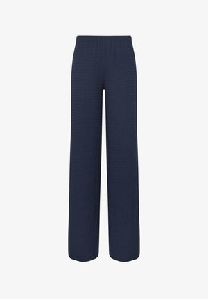 Navyblauwe wijde broek met een hoge taille en een gestructureerde stof, getoond op een witte achtergrond.