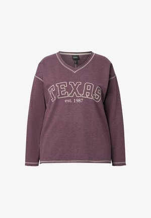 Lila Langarm-Sweatshirt mit V-Ausschnitt, das "TEXAS" und "est. 1987" in Creme zeigt. Dezente Steppnähte am Kragen und Saum.
