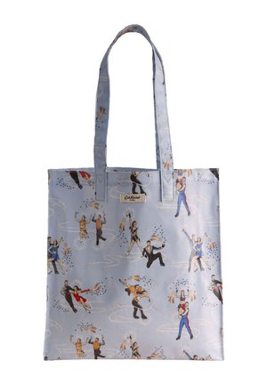 Hellblaue Tragetasche mit wiederholten Illustrationen von Eislaufpaaren, die verschiedene Figuren ausführen, und einem kleinen Stoffetikett mit der Aufschrift "Cath Kidston."