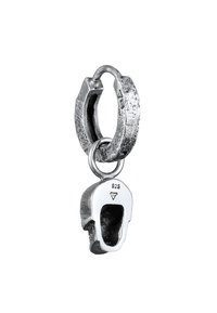Pendente d'argento con un anello testurizzato e un charm a forma di teschio, contrassegnato '925', con un design a bocca aperta e superficie interna liscia.