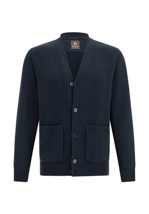 Navy blue cardigan made of knit fabric, featuring a v-neck, button front, two front pockets, and ribbed cuffs and hem.