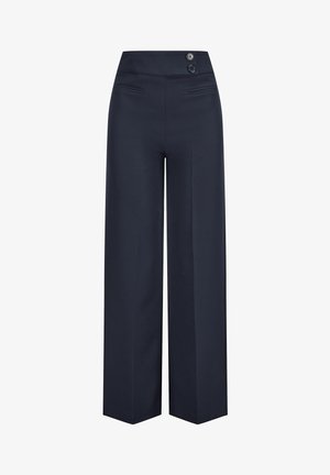 Navy wide-leg trousers made from smooth fabric, featuring two front pockets and a high waist with two button accents.