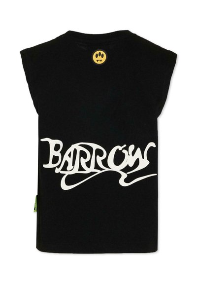 Camiseta negra sin mangas con un gran texto blanco estilizado "BARROW" en el frente y una pequeña cara sonriente amarilla con colmillos cerca del escote.