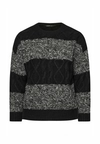 Schwarzer und grauer Strickpullover mit horizontalen Streifen und strukturierten Mustern, rundem Ausschnitt sowie gerippten Säumen und Bündchen.