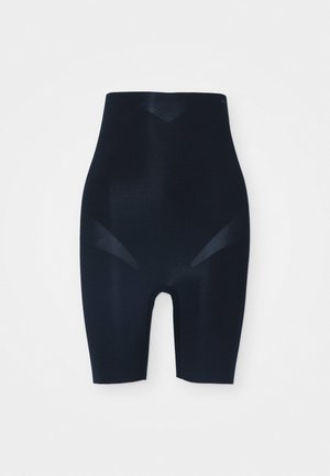 High-waisted black shapewear shorts made of smooth, stretchy fabric; features a mid-thigh length and rounded edges for a seamless look.