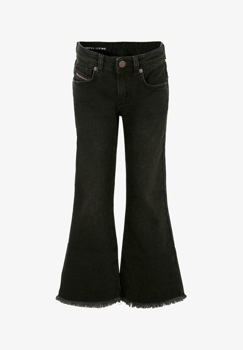 Jean flare noir en denim, avec taille haute, poches avant et ourlet effiloché. Surpiqûres contrastantes au niveau des bords des poches.