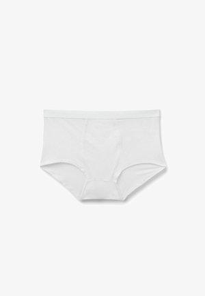Sous-vêtement masculin blanc de style slip avec taille élastique et coutures de contour avant, posé à plat sur un fond blanc.