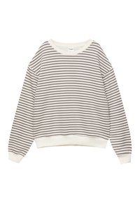Pull à manches longues avec col rond, rayures horizontales grises et blanches, poignets et ourlet côtelés, présenté sur fond blanc.
