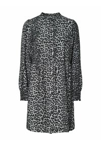 Musta-harmaa leopardi-printti mekko, jossa on pitkät hihat, korkea kaulus, napitus ja koottu vyötärö rentoa istuvuutta varten.