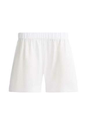 Pantaloni scurți albi cu talie elastică, tiv drept și material ușor, concepuți pentru purtare casual.