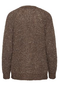 Pull en laine épaisse marron et beige tacheté avec manches longues et poignets côtelés vu de dos.