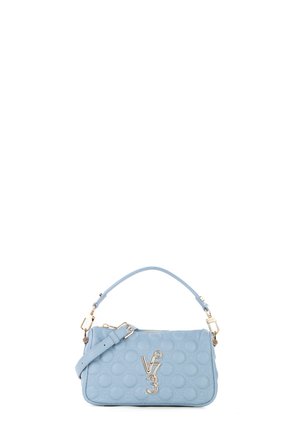 Borsa trapuntata azzurro chiaro con logo V73 color oro, tracolla rimovibile e manico superiore su sfondo bianco.