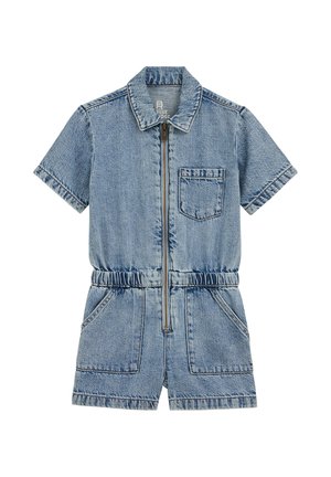 Lys blå denim romper med korte ærmer, lynlås foran, brystlomme, elastisk talje og to forlommer ved hoften.