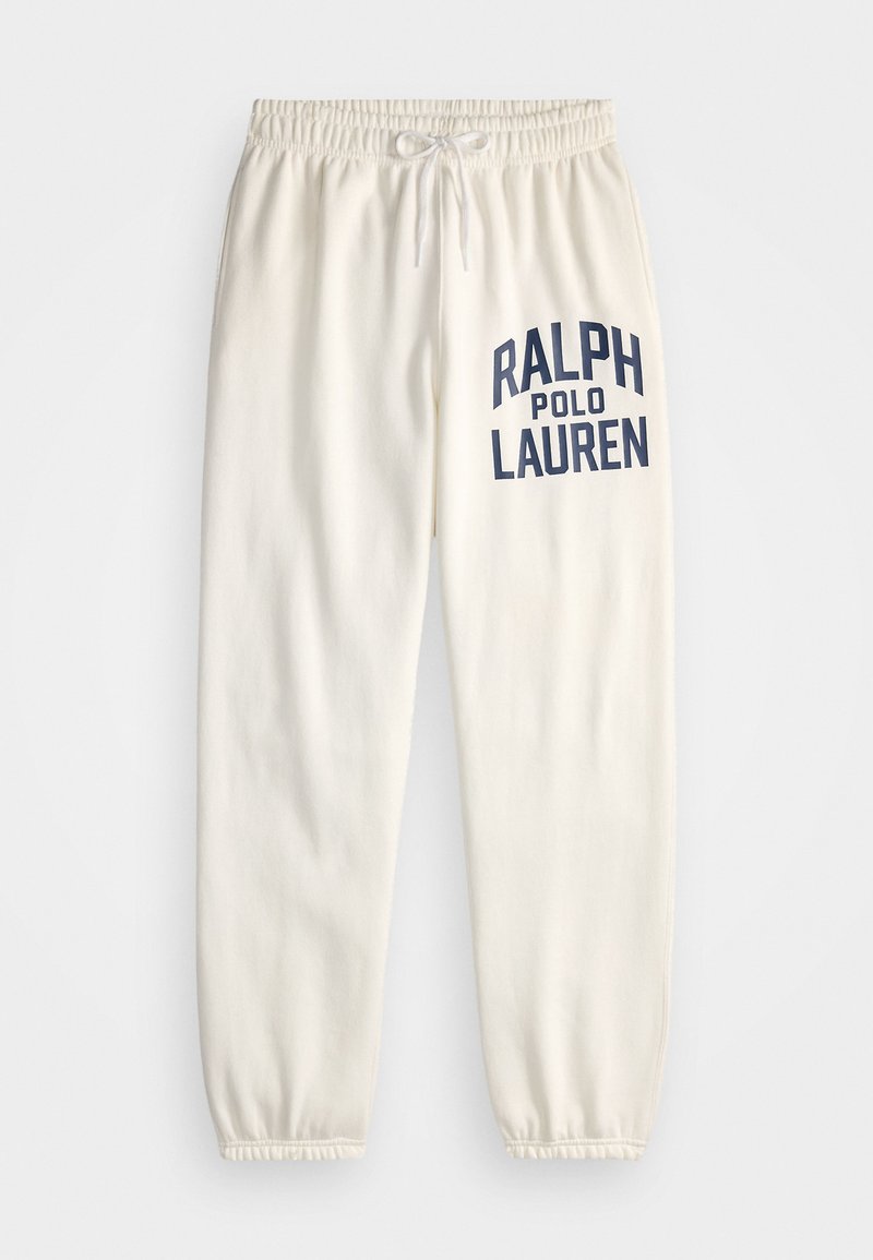 Kremowe dresy z miękkiej bawełny, z dużym granatowym nadrukiem "RALPH POLO LAUREN" na lewej nodze i elastycznymi mankietami.