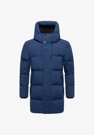 Temno modra puhovka z oblazinjenjem, visokim ovratnikom, prilagodljivo kapuco in dvema stranskima žepoma. Ima gladko zunanjo obleko.