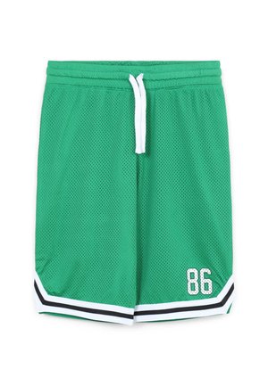 Pantaloni corti in rete verde con cordino bianco, caratterizzati da dettagli a righe bianche e nere e una stampa "86" bianca sulla parte inferiore della gamba destra.