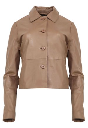 Brown leren cropped jas met een kraagachtige halslijn, voorzien van een voor sluiting met knopen en lange mouwen, een gladde textuur en een minimalistisch ontwerp.