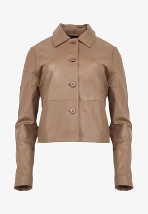 Brun læder cropped jakke med krave, der har en frontknap lukning og lange ærmer, glat tekstur og minimalistisk design.