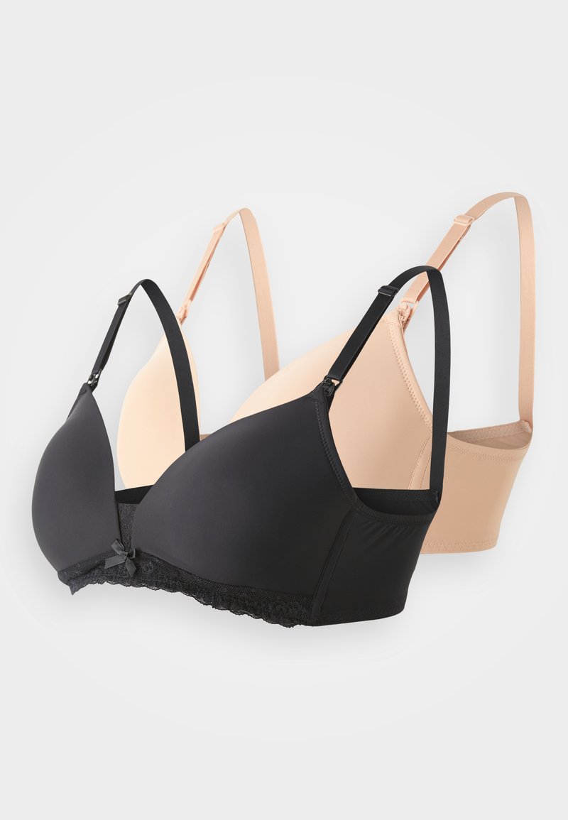 Dva podprsenky predstavené: jedna čierna s čipkovým okrajom a mašličkou, druhá telová so hladkým materiálom. Obidve majú nastaviteľné ramienka a bezšvové košíčky.