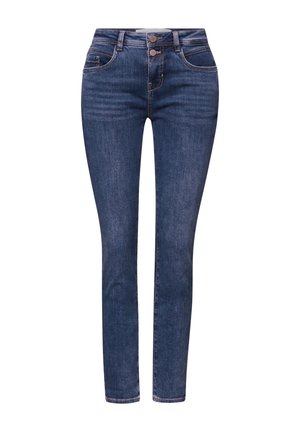 Dunkelblaue Skinny-Jeans aus Denim mit hohem Bund, zwei Vordertaschen, Knopfverschluss und dezenten Nähten.