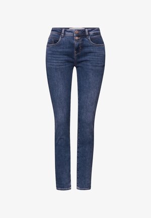 Dunkelblaue Skinny-Jeans aus Denim mit hohem Bund, zwei Vordertaschen, Knopfverschluss und dezenten Nähten.