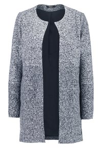 Kurtka z mieszanki wełny w szarym marmurkowym wzorze, z okrągłym dekoltem, długimi rękawami i otwartym przodem z granatową podszewką.