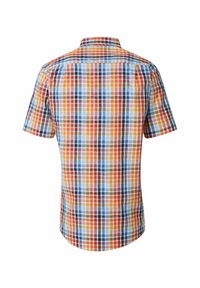 Kurzärmliges kariertes Hemd mit einem bunten Muster in Orange, Blau und Gelb, klassischem Kragen und abgerundetem Saum.