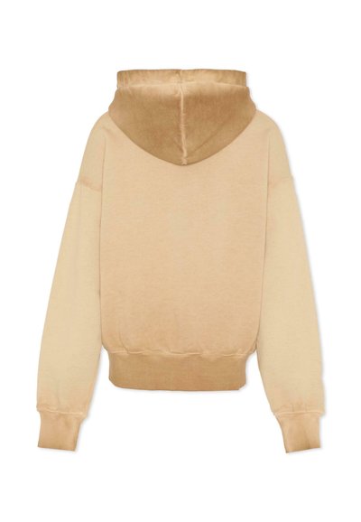 Felpa con cappuccio in beige con cappuccio testurizzato, spalle scese e polsini a coste. Il retro presenta una tonalità leggermente più scura per un contrasto.