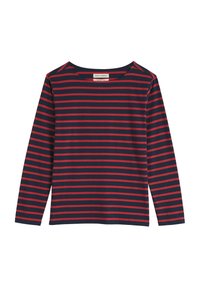 Hosszú ujjú, pamut felső, tengerészkék és piros vízszintes csíkokkal, kerek nyakkivágással és laza szabással.