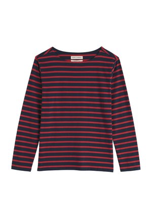 Pikae varrukatega puuvillane särk, millel on tumesinine ja punane horisontaalne triip, ümar kaelus ja mugav istuvus.