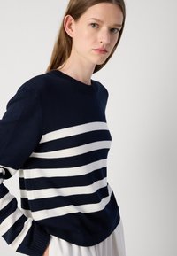 Sweater às riscas em marinho e branco, feito de material de malha, com decote redondo, mangas longas e riscas horizontais de várias larguras.