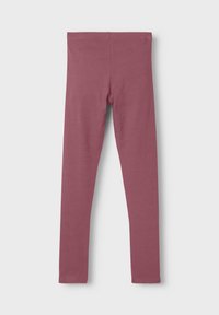Leggings d'une couleur mauve uni, en coton extensible, dotés d'une taille élastique et d'une texture lisse sur l'ensemble.