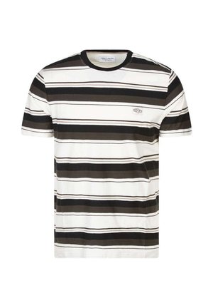 T-shirt à manches courtes avec col rond, rayures horizontales noires, marron et blanches, et un petit logo sur la poitrine gauche.