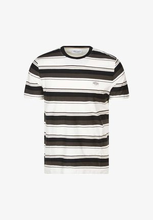 T-shirt à manches courtes avec col rond, rayures horizontales noires, marron et blanches, et un petit logo sur la poitrine gauche.