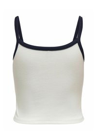 Top in cotone bianco senza maniche con bordo blu navy, caratterizzato da spalline sottili e un design aderente senza cuciture. La vista frontale evidenzia una texture liscia.