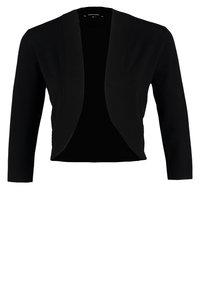 Černý krátký kardigan z hladké, elastické látky s dlouhými rukávy a otevřeným předním dílem. Bez zapínání a vzorů.