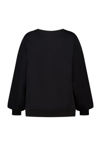 Zwart sweatshirt met lange, licht opgeblazen mouwen, geribbelde halslijn en zoom. Gladde stoftextuur, minimalistisch ontwerp, geen zichtbare logo's of patronen.