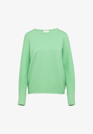 Sveter s dlhým rukávom v svetlozelenej farbe s rebrovanou textúrou, okrúhlym výstrihom a voľným strihom. Má široké manžety a rovný spodný lem.