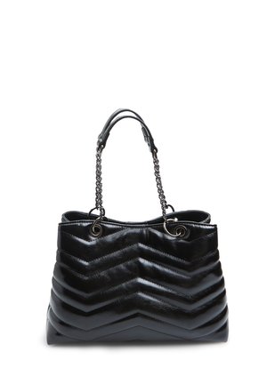 Borsa nera con un motivo a zigzag trapuntato, dotata di un finish lucido, manici doppi e decorazioni in catena. Design compatto e strutturato.