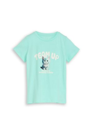 T-shirt bleu clair à manches courtes avec un mignon chaton gris et le texte "FAITES ÉQUIPE" au-dessus et "ENSEMBLE GAGNEZ-ENRAYEZ-MOTIVEZ !" en dessous du chaton.