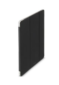 Schwarze dreifach gefaltete Tablet-Hülle mit klarer Kante, aufrecht stehend vor einem weißen Hintergrund.