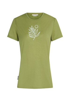 T-shirt verde oliva a maniche corte, con un disegno di felce bianca e un piccolo sole. Realizzato in un tessuto morbido con una texture liscia.