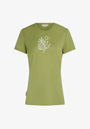 T-shirt verde oliva a maniche corte, con un disegno di felce bianca e un piccolo sole. Realizzato in un tessuto morbido con una texture liscia.