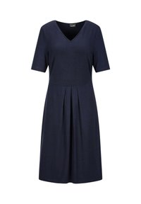 Robe bleu marine longueur genou avec col en V, manches courtes et plis sous la taille.
