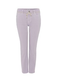 Jean de couleur lavande, en denim, doté d'une taille à cordon, de poches avant et d'une coupe slim. Tissu texturé avec des détails cousus.