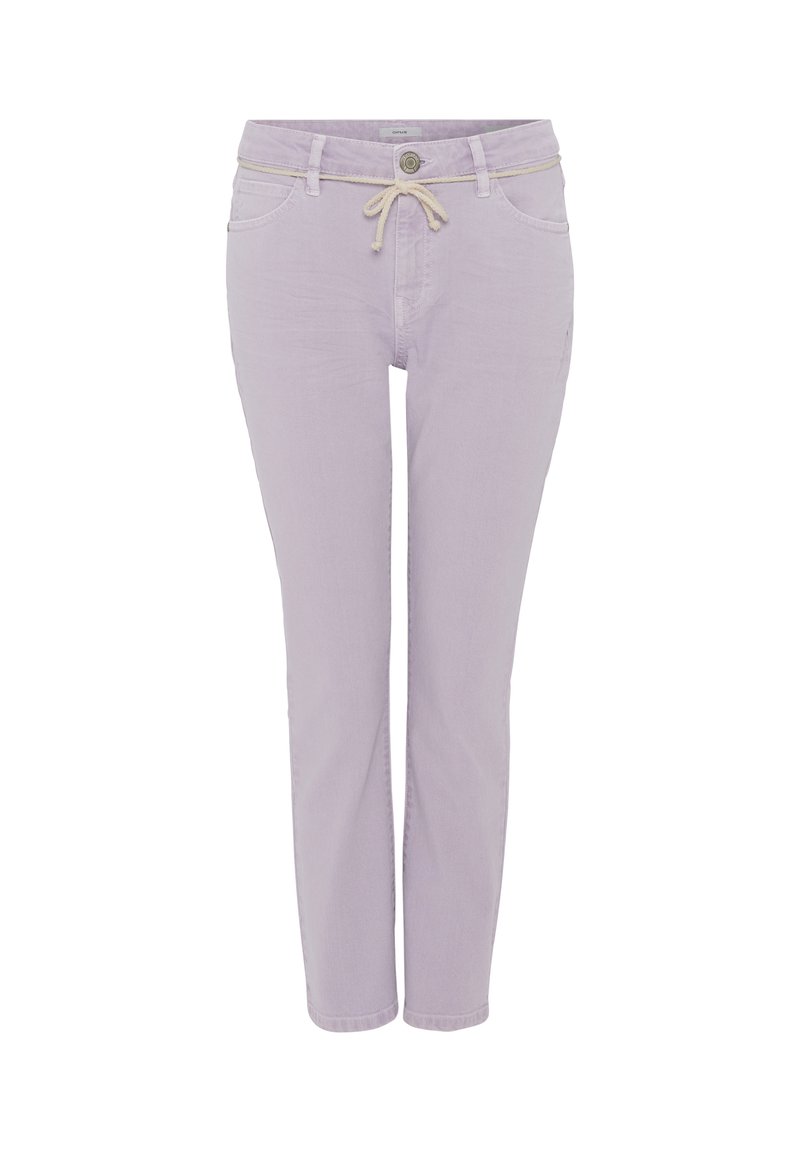 Jean de couleur lavande, en denim, doté d'une taille à cordon, de poches avant et d'une coupe slim. Tissu texturé avec des détails cousus.