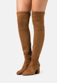Botas de ante marrón hasta la rodilla con tacón cuadrado, que cuentan con una cremallera lateral y una textura suave. El diseño tiene una punta redondeada y un tubo ajustado.