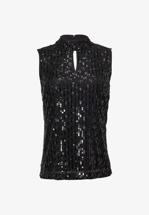 Black sleeveless top featuring a keyhole neckline, adorned with vertical rows of shiny sequins and a slightly textured fabric surface.