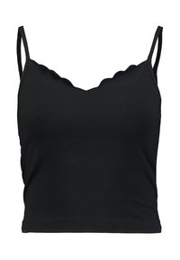 Black cropped camisole top with thin adjustable straps and a subtle scalloped neckline edge.