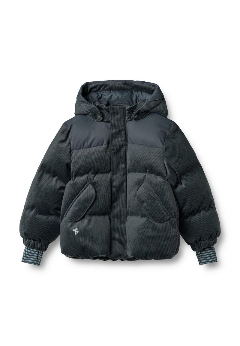 Donkergrijze pufferjas van corduroy en nylon, met een capuchon, elastische manchetten, gestreepte details en grote zakken aan de voorkant.